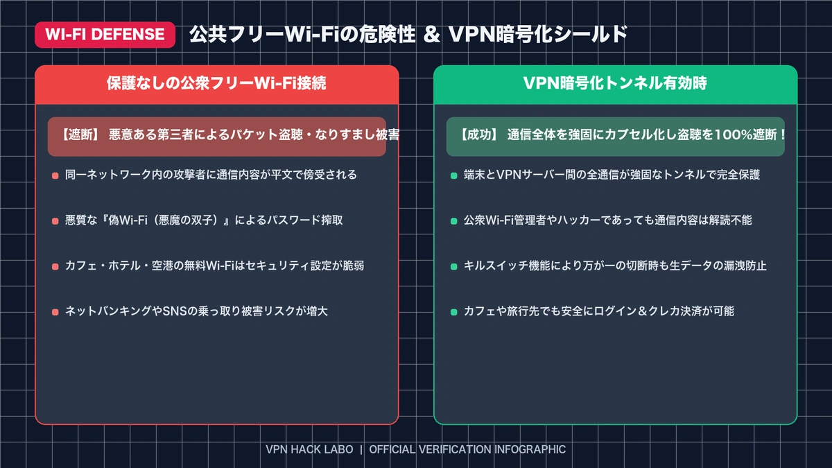 フリーWi-Fiパケット盗聴リスクとVPN防御シールド図解